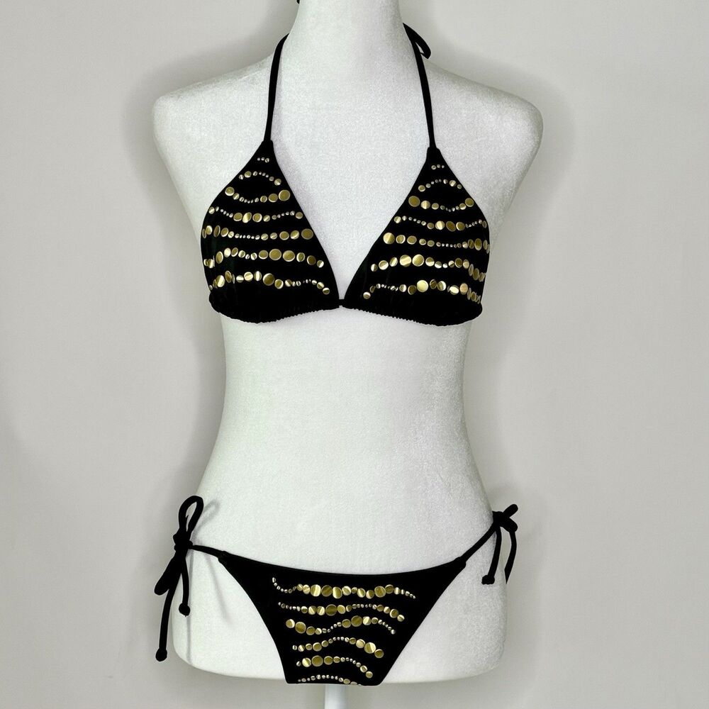 VICTORIA'S SECRET String Bikini Black Gold Set Top Sz S - Bottoms Sz XS - READ
